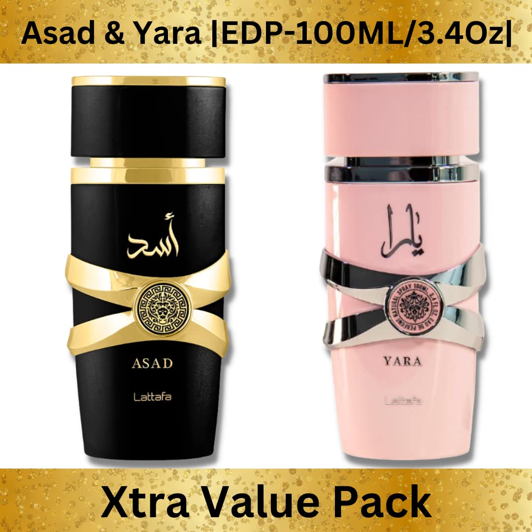 Lattafa for Unisex 2 Piece Eau de Parfum Gift Set (Asad for Men + Yara for Women) 3.4 Ounce/100 ml each