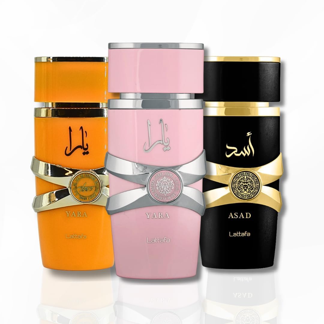 Lattafa for Unisex 3 Piece Eau de Parfum Gift Set (Yara for Women + Yara Tous for Women + Asad for Men) 3.4 Ounce/100 ml each