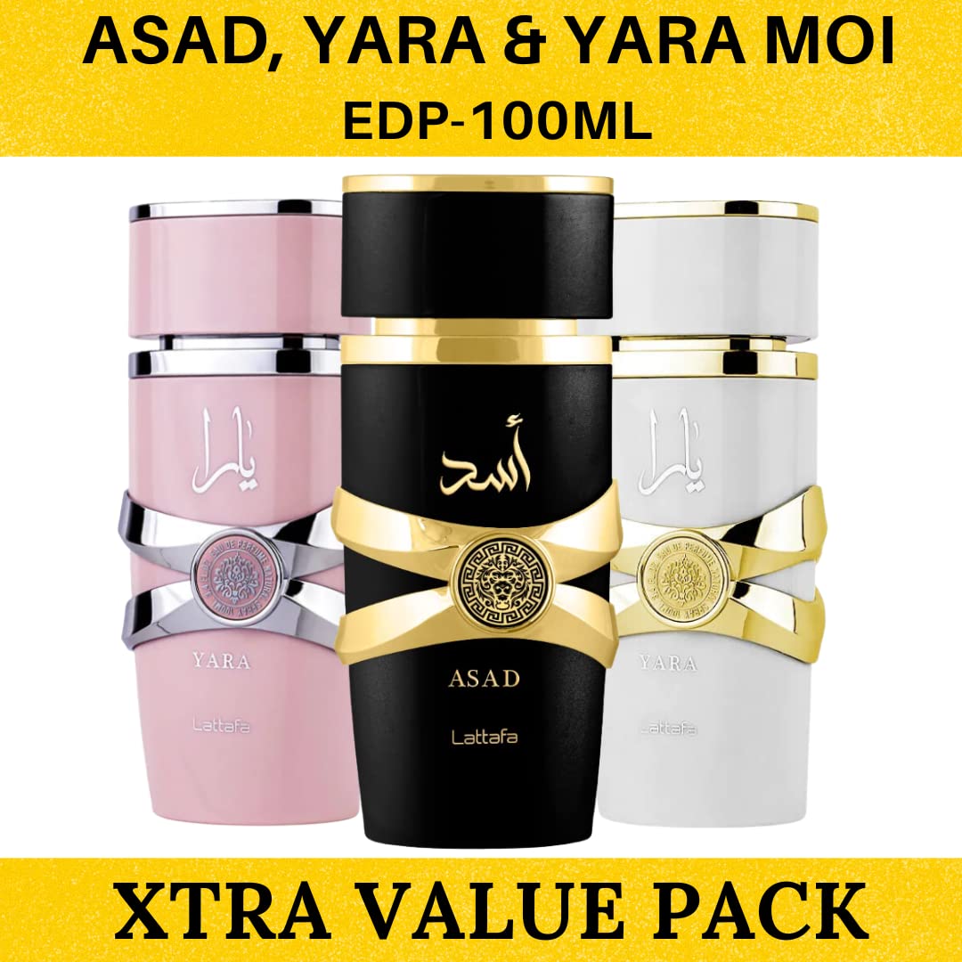 Lattafa for Unisex 3 Piece Eau de Parfum Gift Set (Yara for Women + Yara Moi for Women + Asad for Men) 3.4 Ounce/100 ml each